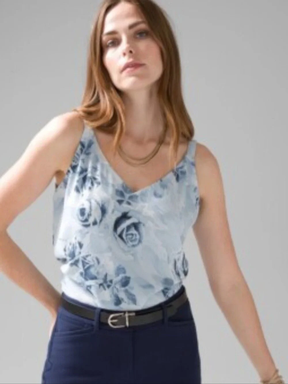 White House Black Market Light Blue Floral V-Neck Reversal Camisole